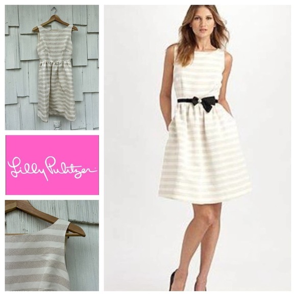 Lilly Pulitzer Eryn Cameo Dress Gold‎ Stripe Fit & Flare Sleeveless Pockets Sz 0 - Picture 1 of 7